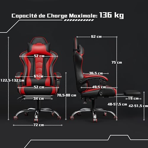 Yaheetech Chaise Gaming Massante Ergonomique Noir Rouge avec Repose-Pied
