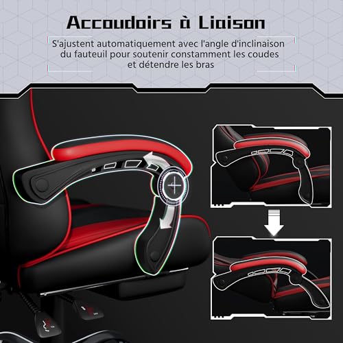 Yaheetech Chaise Gaming Massante Ergonomique Noir Rouge avec Repose-Pied