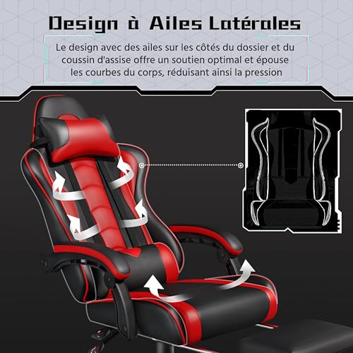 Yaheetech Chaise Gaming Massante Réglable Hauteur avec Accoudoirs Noir Rouge 136kg
