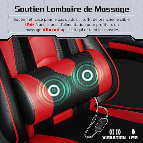 Yaheetech Chaise Gaming Massante Réglable Hauteur avec Accoudoirs Noir Rouge 136kg