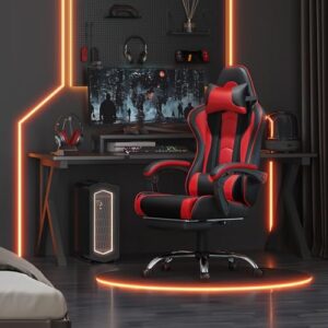 Yaheetech Chaise Gaming Massante Réglable Hauteur avec Accoudoirs Noir Rouge 136kg
