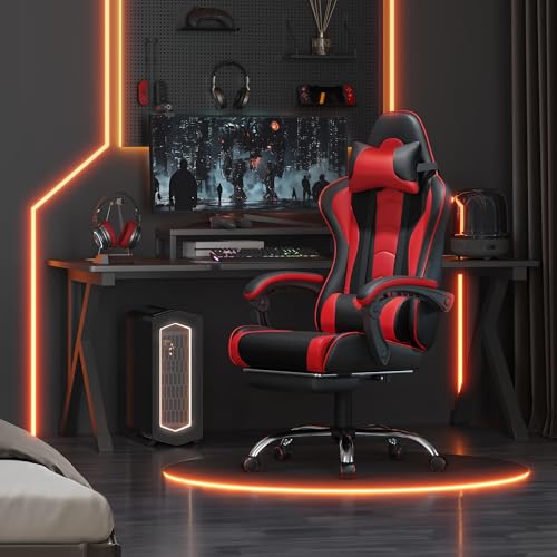 Yaheetech Chaise Gaming Massante Réglable Hauteur avec Accoudoirs Noir Rouge 136kg