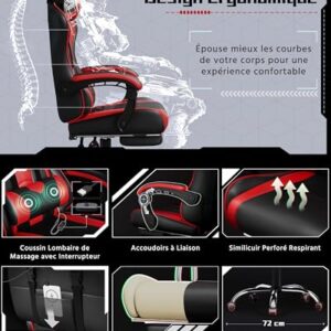 Yaheetech Chaise Gaming Massante Réglable Hauteur avec Accoudoirs Noir Rouge 136kg