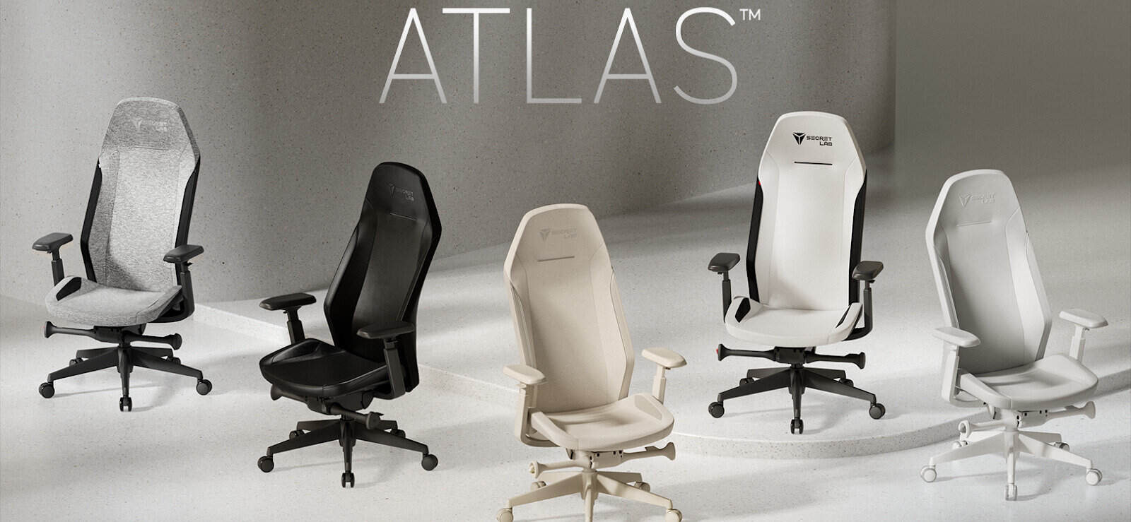 La gamme complète Secretlab ATLAS, cinq chaises alignées