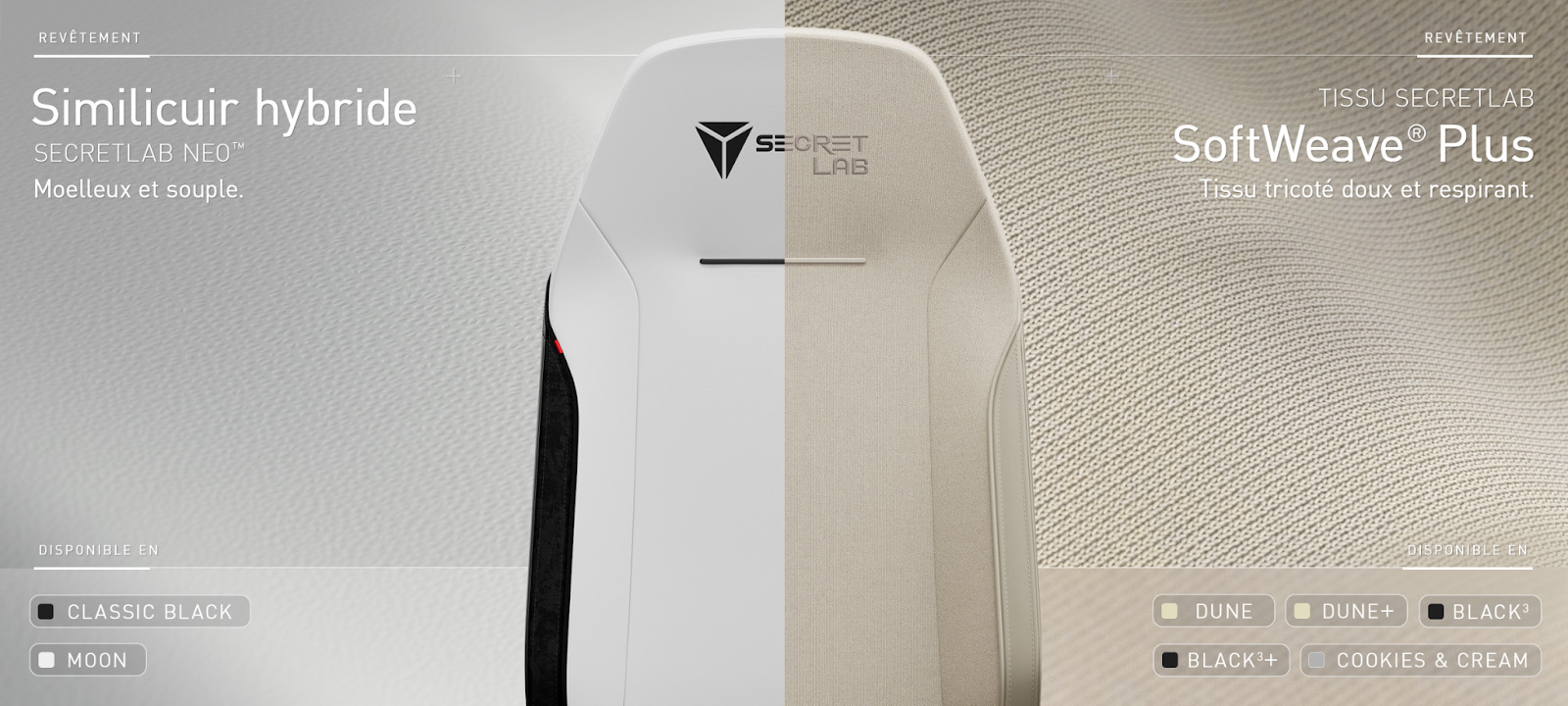 Revêtements et coloris de la Secretlab ATLAS : similicuir NEO et tissu SoftWeave Plus